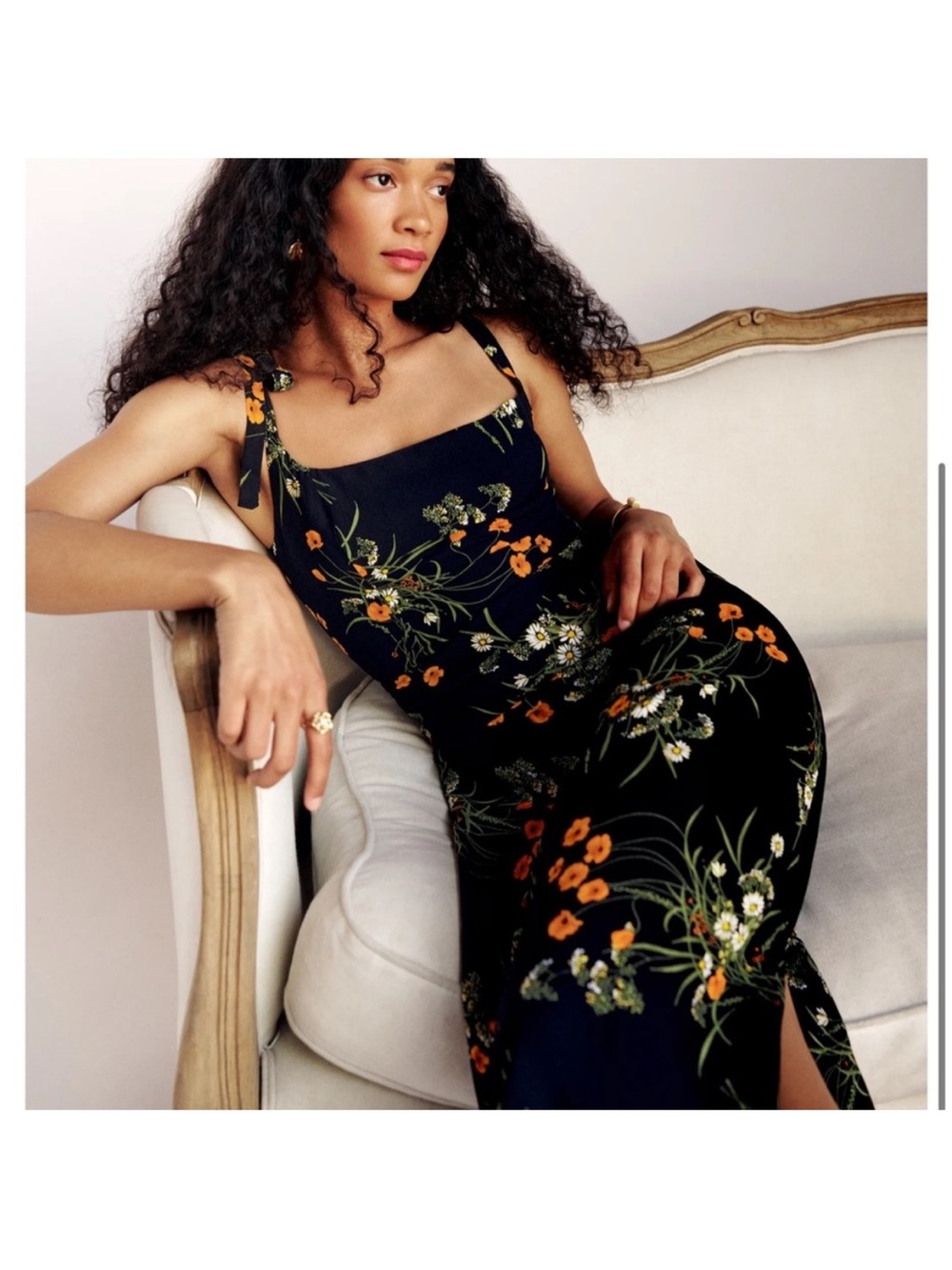 Reformation Besse dress. Floral Black Tie-Shoulder Slip Dress